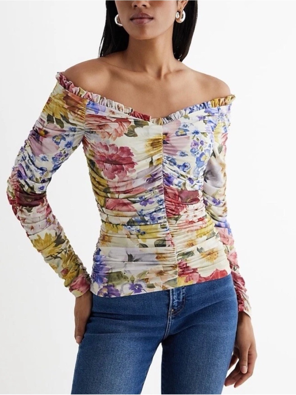 Express Floral Off-the-Shoulder Ruched Long Sleeve Top - Multi